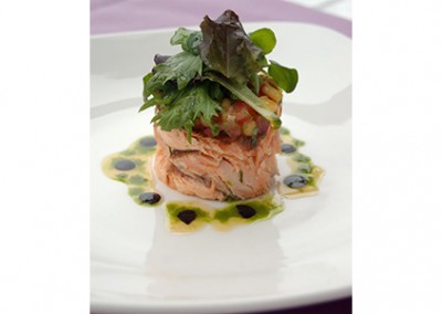 Salar Smoked Salmon, Mango Salsa, Organic Leaves, Herb Oil & Balsamic Syrup